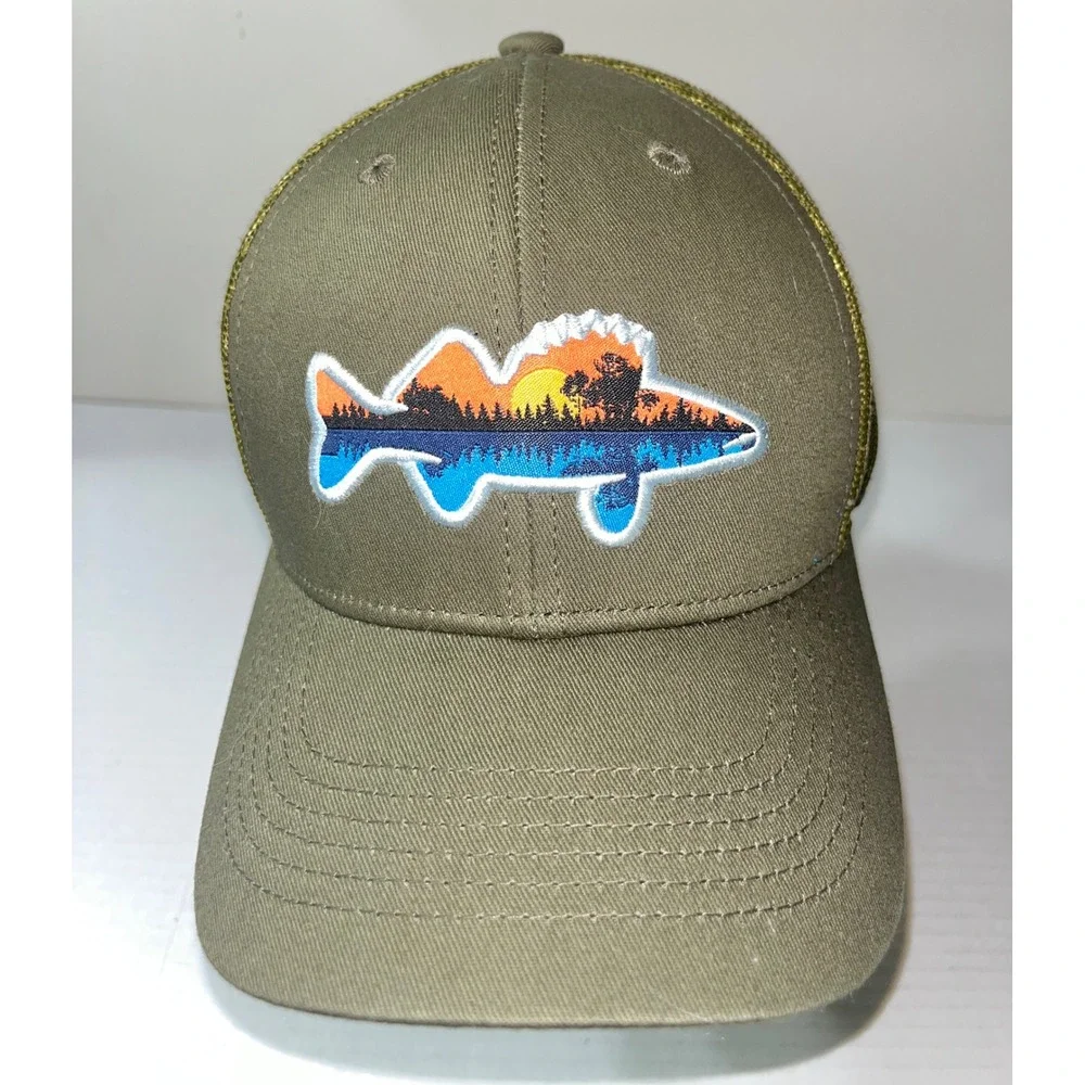 Outdoor Cap Mens Olive Green Fish Sunset Embroidered Mesh Trucker Hat Snapback